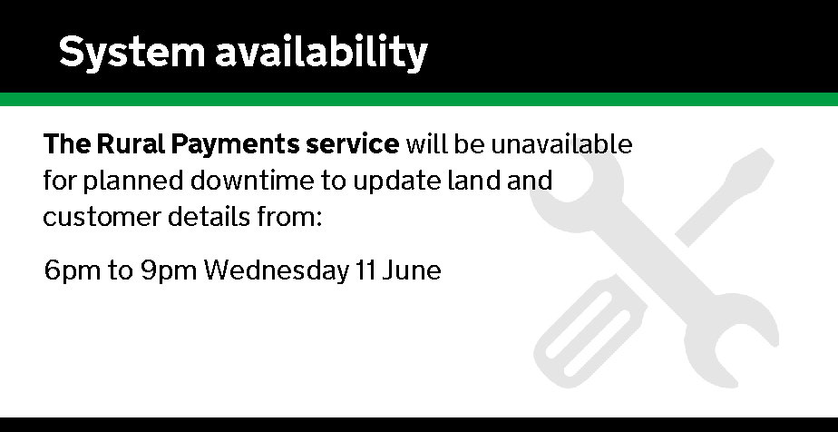 RPA (@ruralpay) on Twitter photo The Rural Payments service will be unavailable for planned downtime to update land and customer details from 6pm to 9pm Wednesday 11 June The Rural Payments service will be unavailable for planned downtime to update land and customer details from 6pm to 9pm Wednesday 11 June