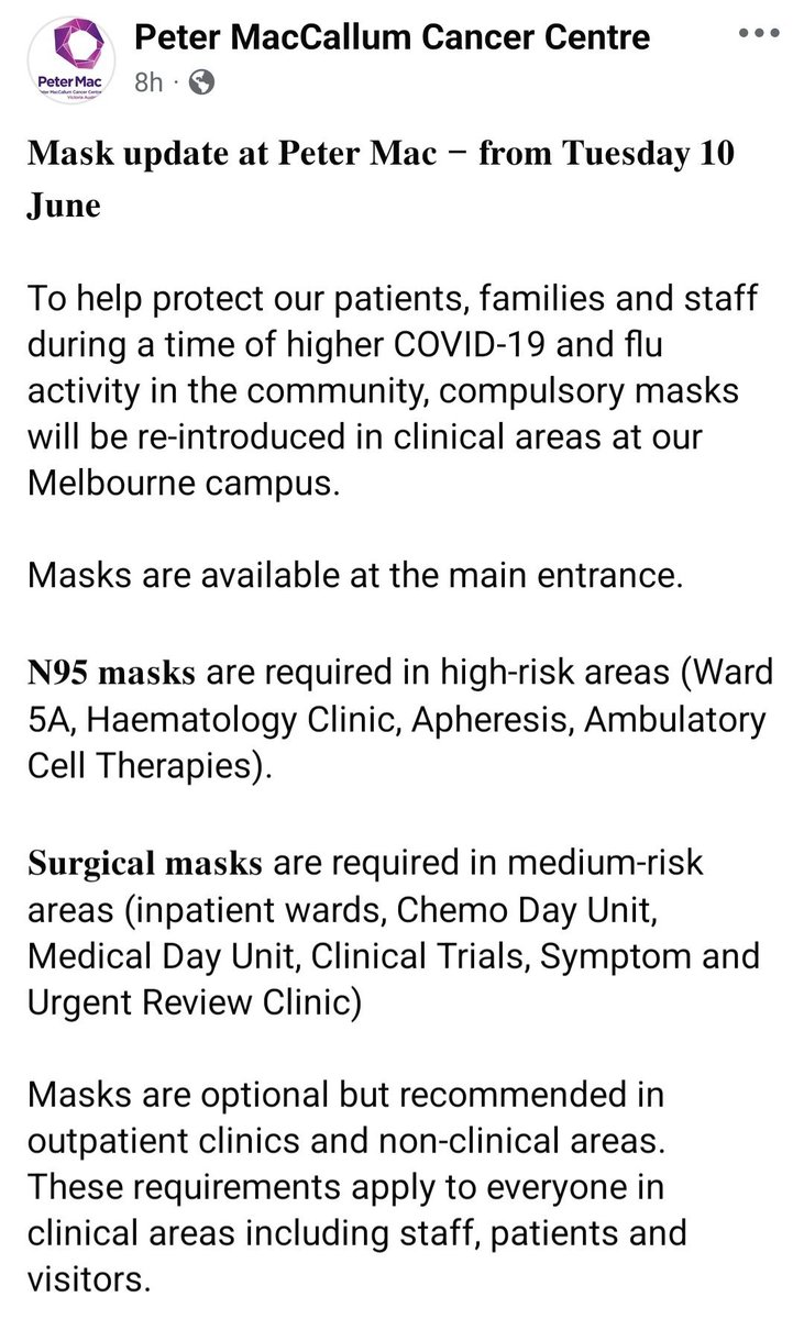 This is Melbourne. The Peter Mac cancer centre. Some of the sickest, most vulnerable patients on the planet.

I have a few points to make:

1. Masking in a cancer centre should be compulsory in every part of it all the time. ALL. THE. TIME.

2. If it's not compulsory all the