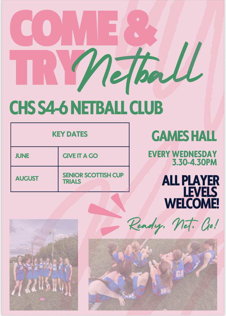 S4-6 Netball Club - every Wednesday 3.30-4.30pm! 

Please come along and give it a go in June!

Scottish Cup team trials will happen across August 🏆

<a href="/CraigmountHS/">Craigmount High School</a> <a href="/CraigmountPE/">CraigmountPE</a>