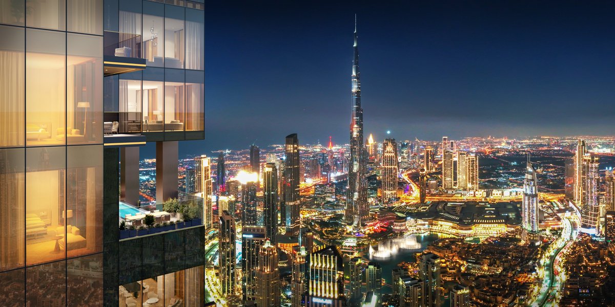 raredesignhive's tweet image. Nighttime 3D render of Waldorf Astoria&apos;s facade against Dubai&apos;s skyline. 

#ExteriorVisualization