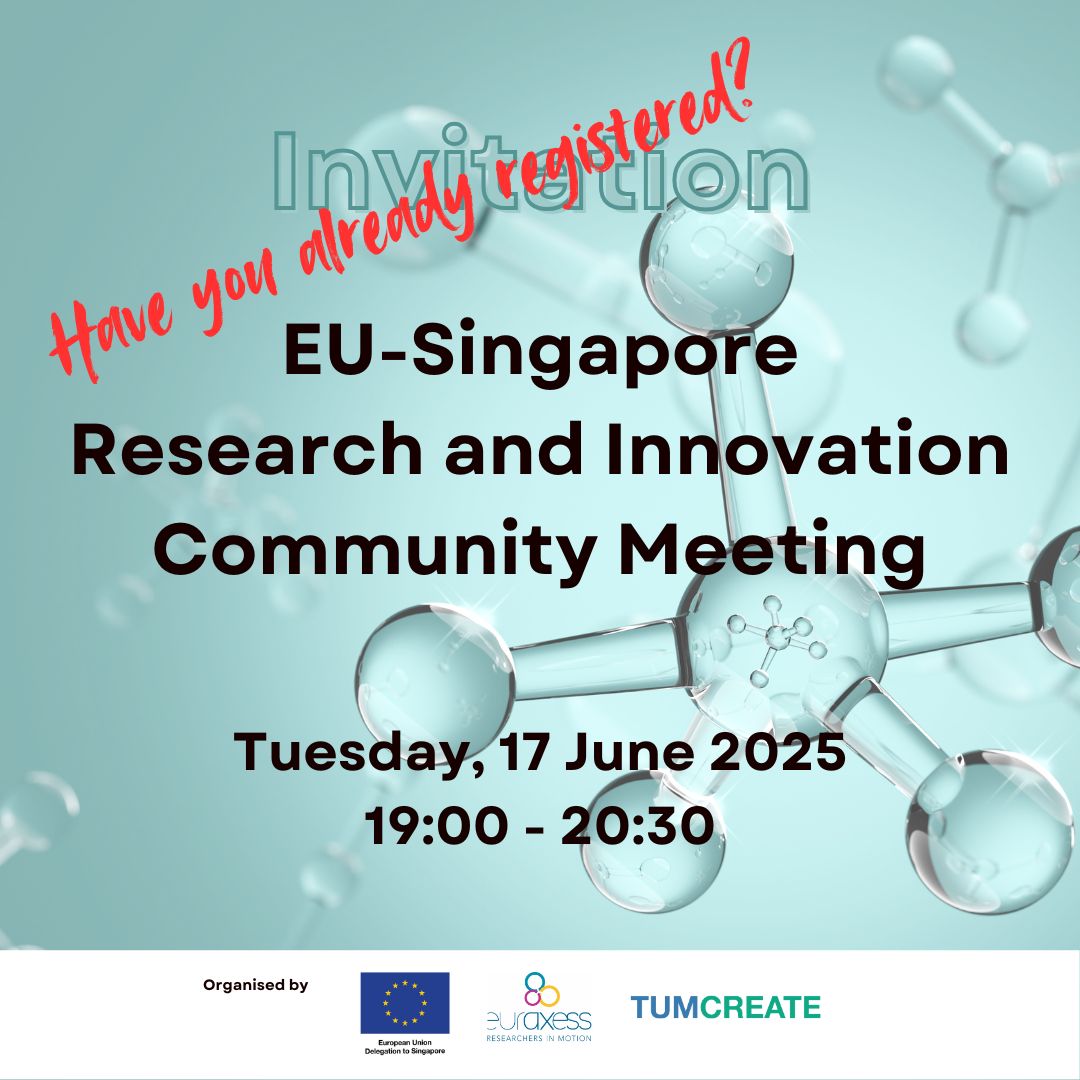 📢 Reminder for researchers, innovators &amp; science diplomacy experts!
Join us on 17 June for the EU-Singapore R&amp;I Community Meeting 🇪🇺🇸🇬
With guests from the <a href="/EU_Commission/">European Commission</a> &amp; <a href="/TUMunich/">traleeutd</a>, plus networking, dinner &amp; wine!
📝 Register by 12 June: tinyurl.com/4664wv2a
#HorizonEurope