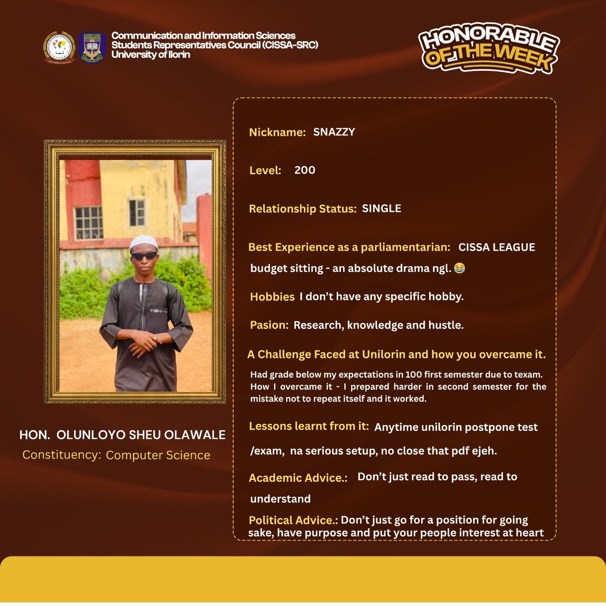 cissa_src's tweet image. Celebrating our Honourable of The Week!🥳🎉

We take this moment to celebrate your dear Honorary Honourable , we appreciate your efforts in impacting CISSAITES in your own unique. With you, we can be rest assured that we can boast of a proper representation of CISSAITES.