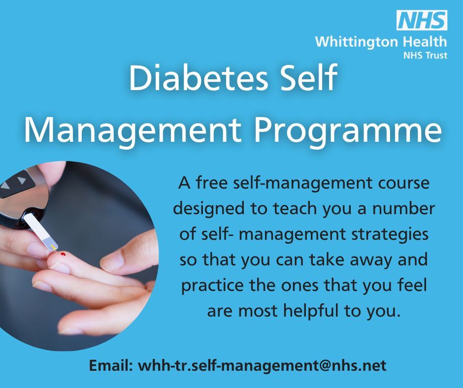 Our Expert Patient Programmes and Diabetes Self Management Programmes are here to support people with diabetes.

Come along to our free course to learn a number of self-management strategies and connect with other people who live with this condition.

👉 whittington.nhs.uk/selfmanagement