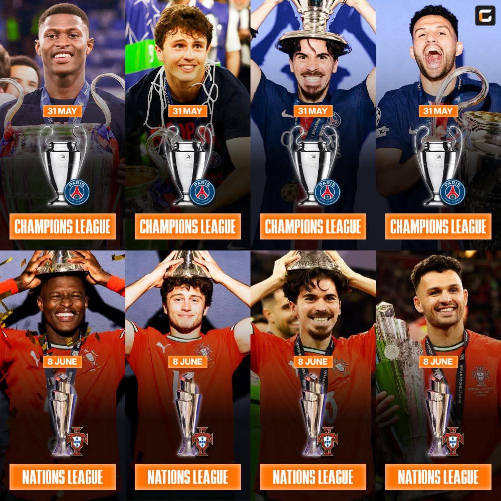 📅 31 May:

🇵🇹 𝐍𝐮𝐧𝐨 𝐌𝐞𝐧𝐝𝐞𝐬 - Won Champions League with Paris Saint-Germain.
🇵🇹 𝐉𝐨ã𝐨 𝐍𝐞𝐯𝐞𝐬 - Won Champions League with Paris Saint-Germain.
🇵🇹 𝐕𝐢𝐭𝐢𝐧𝐡𝐚 - Won Champions League with Paris Saint-Germain.
🇵🇹 𝐆𝐨𝐧ç𝐚𝐥𝐨 𝐑𝐚𝐦𝐨𝐬 - Won Champions League with