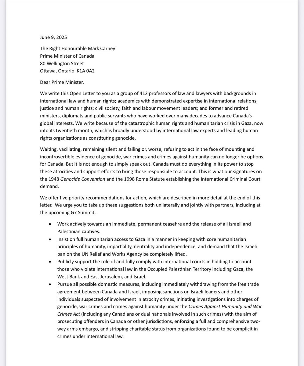 Canada’s former <a href="/UN/">United Nations</a> ambassadors to <a href="/MarkJCarney/">Mark Carney</a> in open letter: 

“Waiting, vacillating, remaining silent in the face of mounting and incontrovertible evidence of genocide, war crimes and crimes against humanity can no longer be options for Canada.” 

static1.squarespace.com/static/5fc01c8…