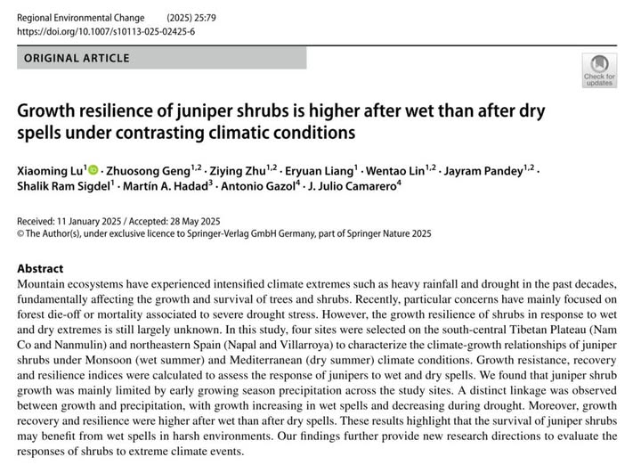 sigdelshalik's tweet image. Happy to share our new publication. Here, we compare shrub growth in the Qinghai-Tibet Plateau and the Pyrenees Mountains (Spain) under extreme climate events.
link.springer.com/article/10.100…