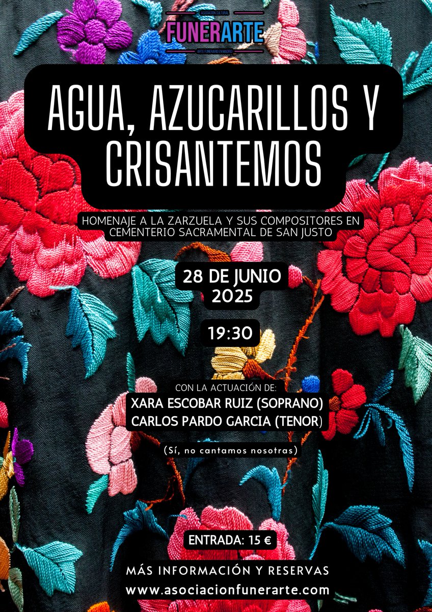 Qué mejor manera de recibir el verano en Madrid que con zarzuelas intrepretadas frente a las tumbas de sus compositores. Para nosotras, un sueño. 
Veníos a disfrutar de esta tarde mágica en el cementerio de San Justo  🪦🎶
asociacionfunerarte.com/evento/agua-az…