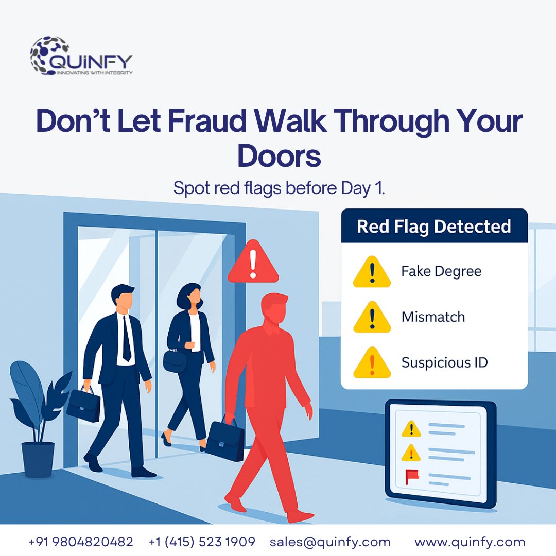 quinfy's tweet image. 🚫 Don’t Let Fraud Walk Through Your Doors!
#HiringSmart #EmployeeVerification #BackgroundCheck #HRTech #SafeHiring #WorkplaceSecurity #QuinfyVerified #RiskFreeHiring #RedFlagReady #SmartRecruiting
