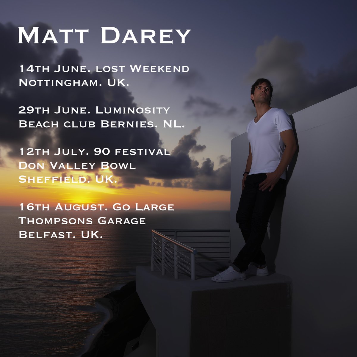 Party people 🥳❤️🎶, just 4 x dates to go:
14th June. lost Weekend Festival, Nottingham. UK

29th June. Luminosity, Beach club Bernies,  NL.

12th July. 90 festival, Don Valley Bowl, Sheffield. UK

16th August. Go Large, Thompsons Garage, Belfast. UK