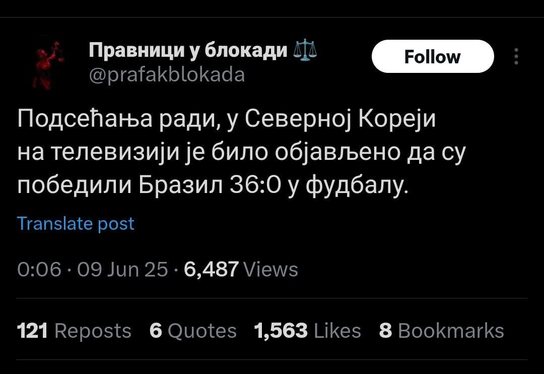 Podsećanja radi, ovu vest je kao parodiju na izmišljotine imperijalističkih medija lansirao 2014. brazilski bloger Maurisio Sid, a britanski Metro i CBC se primili i objavili je kao stvarnu. Međutim, da bi bio uverljiviji, gospodin Sid je kao rezultat naveo 8:1 za Koreju,... 1/2