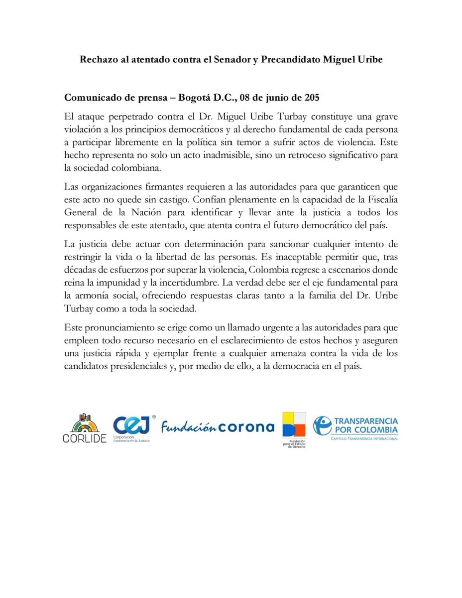 🚨 Rechazamos el atentado contra el senador y precandidato Miguel Uribe. La violencia contra quienes participan en política es un grave retroceso democrático. Exigimos justicia y garantías para la vida y la libertad en Colombia. #NoMásViolencia 🇨🇴