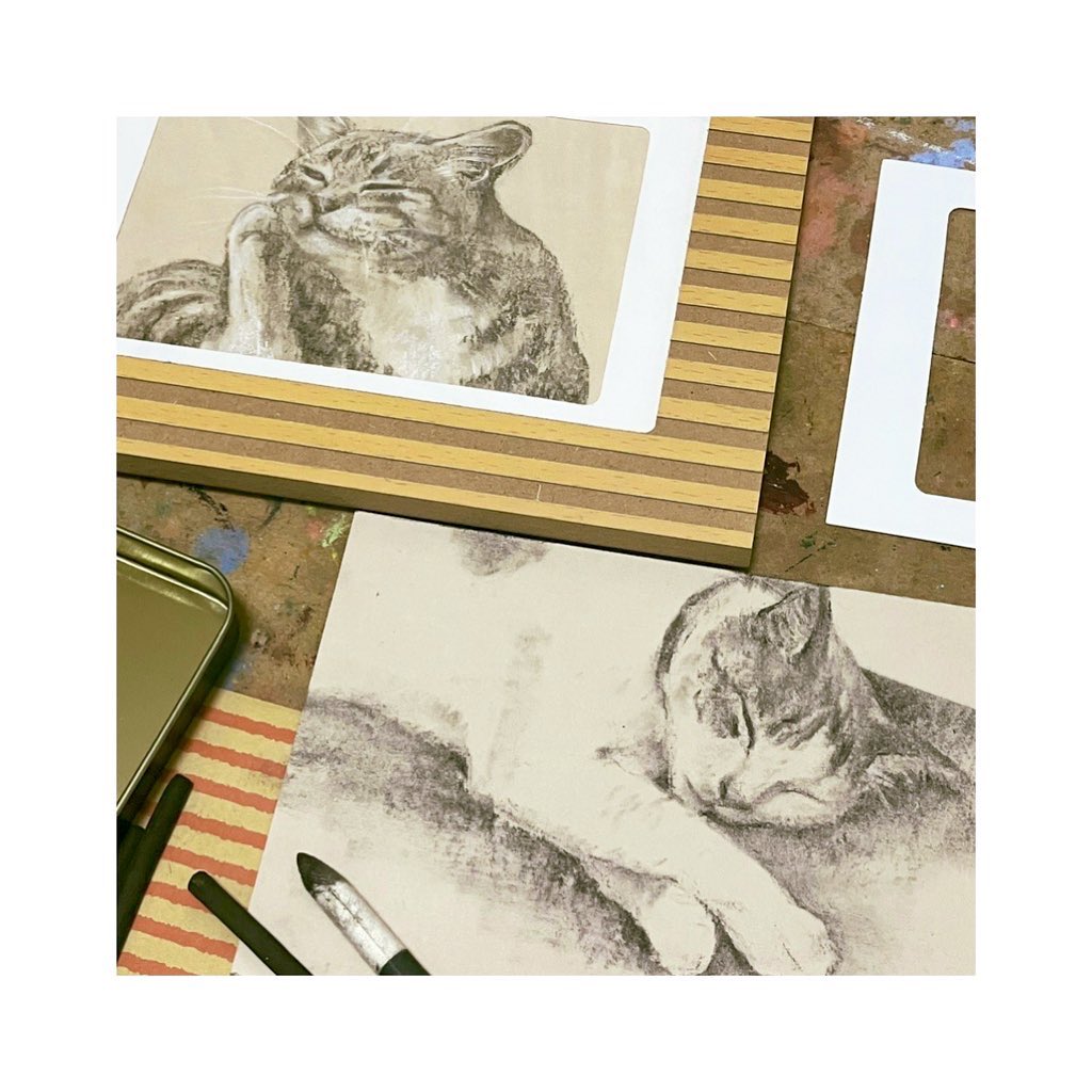 _otaka036's tweet image. 制作中ふと振り返ったら画集の猫が見ていたよ