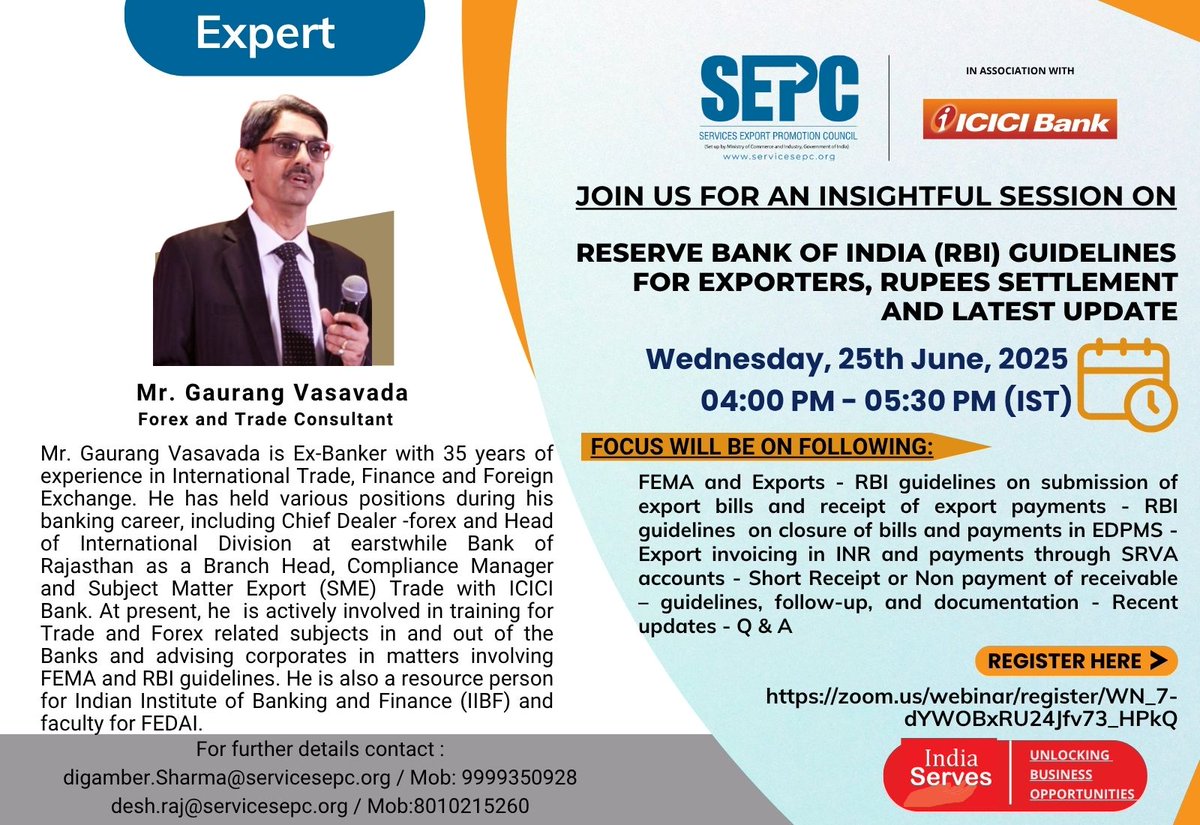 SEPC India (@sepc_india) on Twitter photo 📢 Join us for an exclusive session on:
RBI Guidelines for Exporters, Rupee Settlement & Latest Updates on 25th June 2025 | 4:00 - 5:30 PM
Speaker:
Mr. <a href="/GaurangVasavada/">Gaurang Vasavada</a> Forex & Trade Consultant | 35+ years of banking & trade experience.
Register now at:
zoom.us/webinar/regist… 📢 Join us for an exclusive session on:
RBI Guidelines for Exporters, Rupee Settlement & Latest Updates on 25th June 2025 | 4:00 - 5:30 PM
Speaker:
Mr. <a href="/GaurangVasavada/">Gaurang Vasavada</a> Forex & Trade Consultant | 35+ years of banking & trade experience.
Register now at:
zoom.us/webinar/regist…