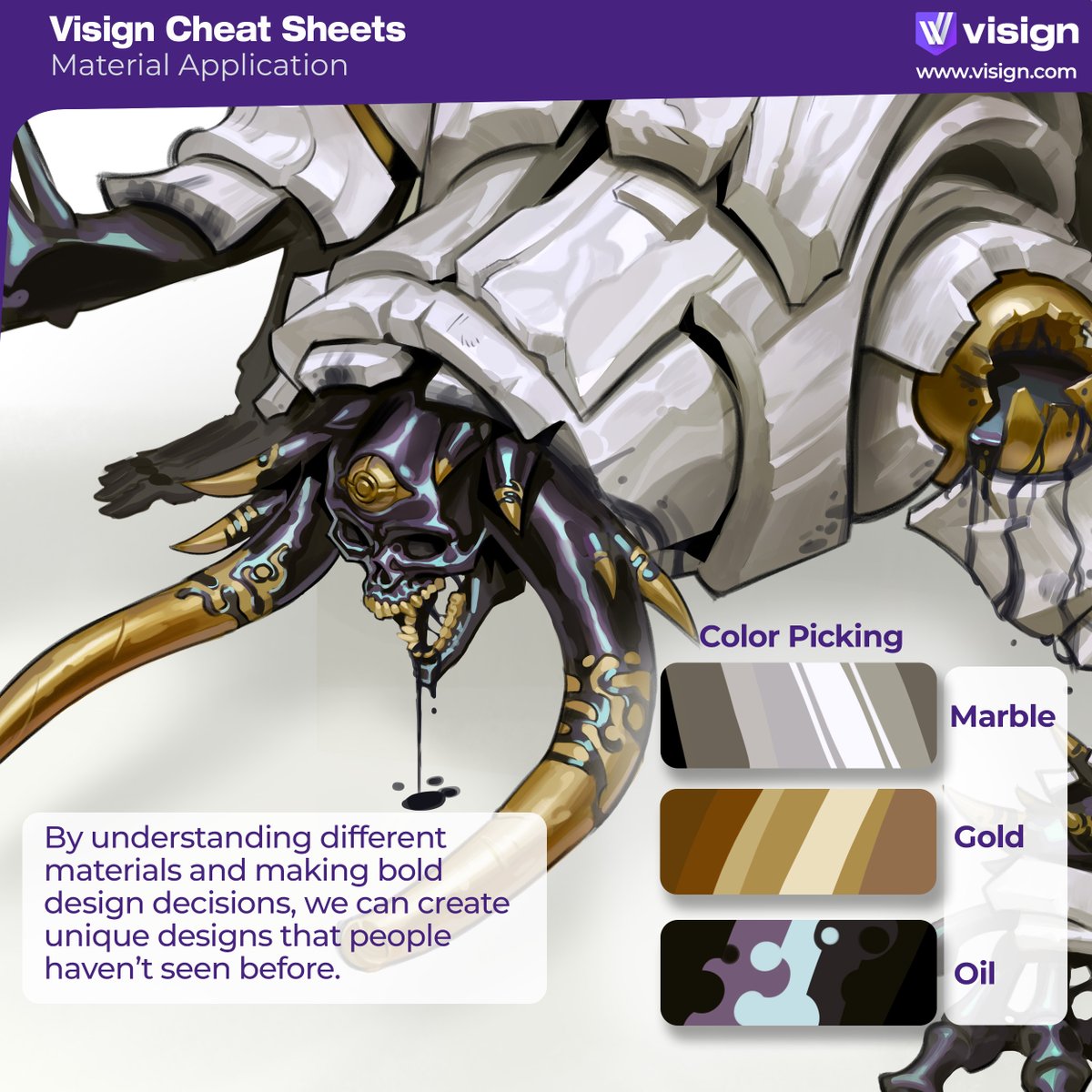 visignacademy's tweet image. Get this! Study different materials – add Big-Medium-Small – put them together, and you’ll have an awesome design!
Try it out – and retweet it to share the inspiration!
#visigncheatsheet #conceptartdesign #creaturedesign #designtips