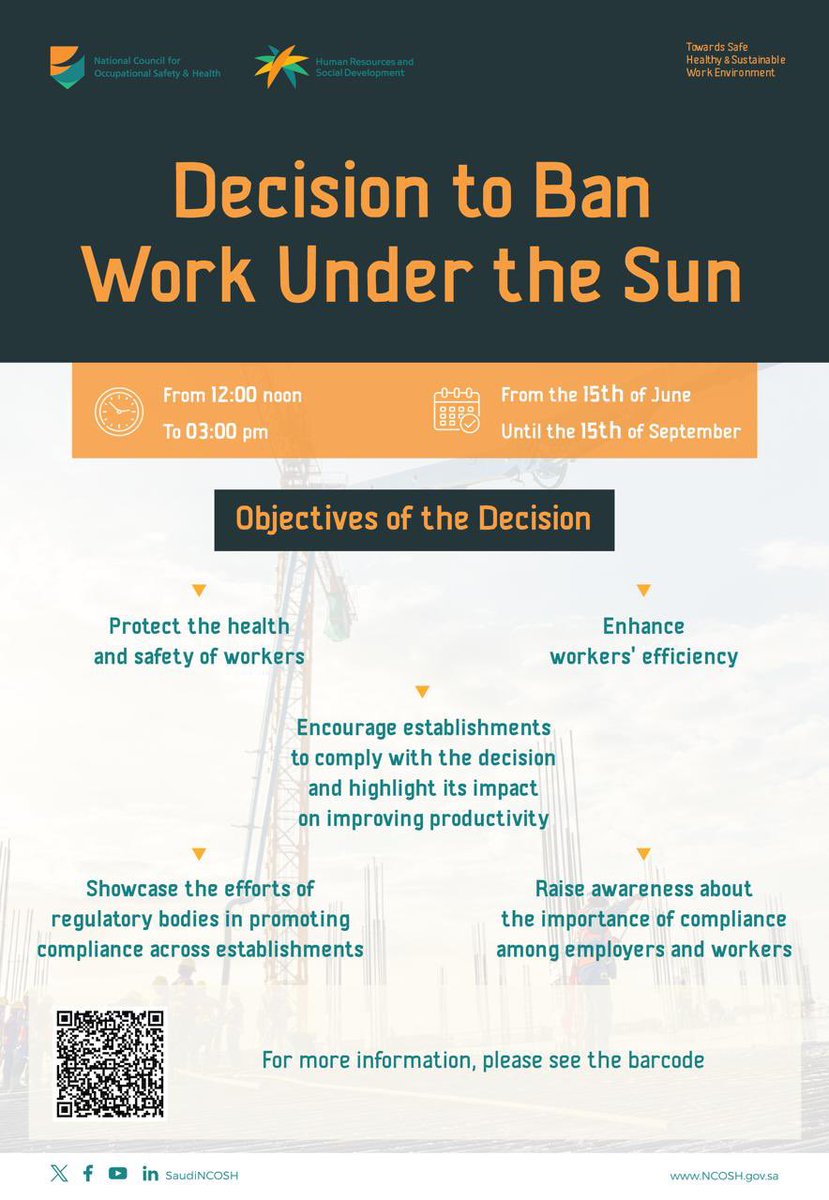 As part of our ongoing commitment to workers’ health and safety, enforcement of the #Ban_Work_Under_Sun regulation will begin on 15 June and continue until 15 September 2025, daily from 12:00 p.m. to 3:00 p.m.
We are dedicated to fostering a safe and healthy work environment in