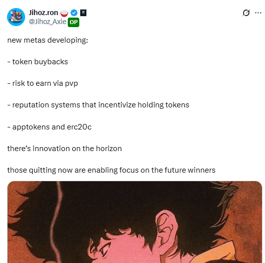 huntersolaire_'s tweet photo. is ronin waking up?

pretty clear that the team is shipping a new gamified rewards product

this will be their answer to competing in the attention arena against abstract/kaito/virtuals who have dominated the timeline

blur and blast kickstarted this era but its now more clear than ever than incentives in web3 need to be at least somewhat transparently laid out if you're trying to fight for the crop of users on CT

the ultimate solution is a combination of:
- social contribution
- proof of on chain
- reputation

2 out of 3 and you're ahead of most people in crypto

3 out of 3 and you become a top 1% power user and everyone will want you to try out or spend money in their app

im ready for it