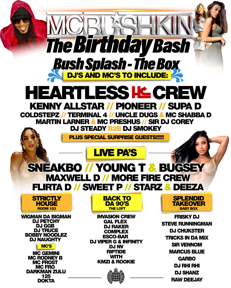 MindsetManage's tweet photo. This Saturday @DJCindeRella will be taking over the Ministry of sounds Courtyard with her BCKSTVGE brand alongside some dope djs for @McBushkin Bday Bash...

Only few tickets left ......

See you on Saturday 🕺🏾🕺🏾🕺🏾🕺🏾 https://t.co/MCs98IsCVZ