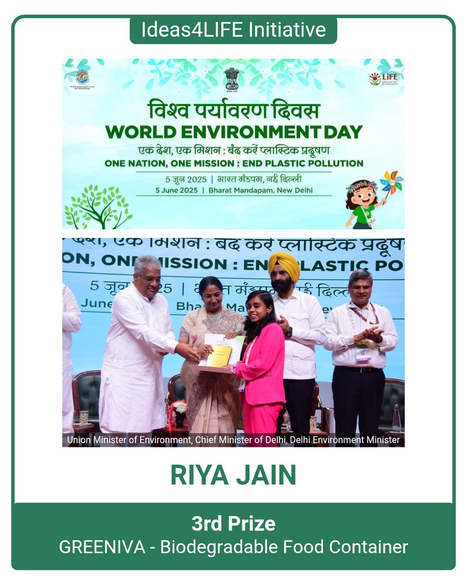 iiitdmjbp's tweet photo. 🚀 Proud moment for IIITDM Jabalpur!
Riya Jain (3rd yr B.Des) wins 3rd Prize at the Ideas4LIFE national competition by @moefcc under the theme Say No to Plastic Pollution.
Her idea “GREENIVA” promotes biodegradable cutlery.
#IIITDMJ #Ideas4LIFE #WorldEnvironmentDay https://t.co/AtezIjUUYk