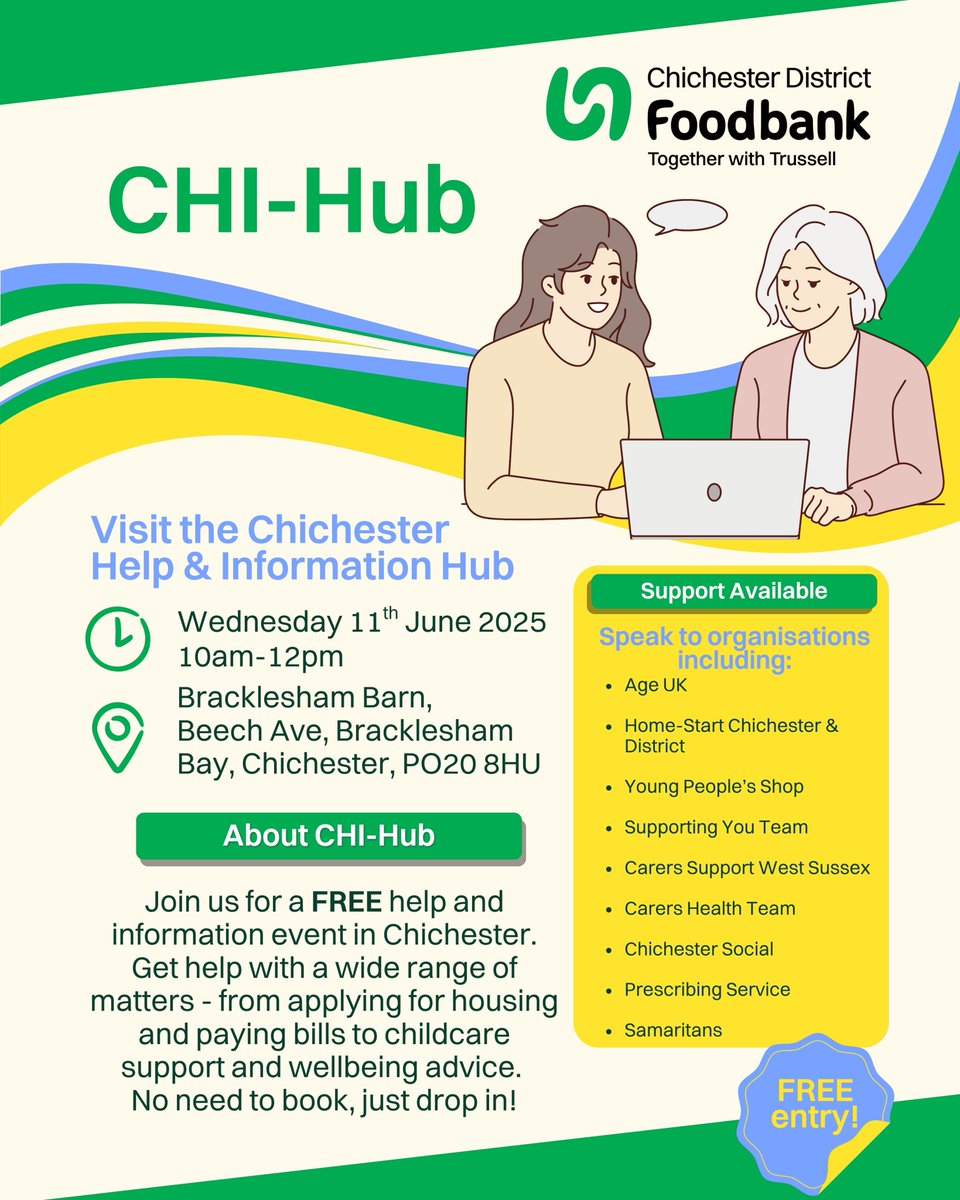 📣Our free CHI-Hub event on Wednesday 11th June will provide you with a 'hub' to meet with people from a variety of organisations to get help and information. Everyone is welcome! 

Please share and help spread the word.💚