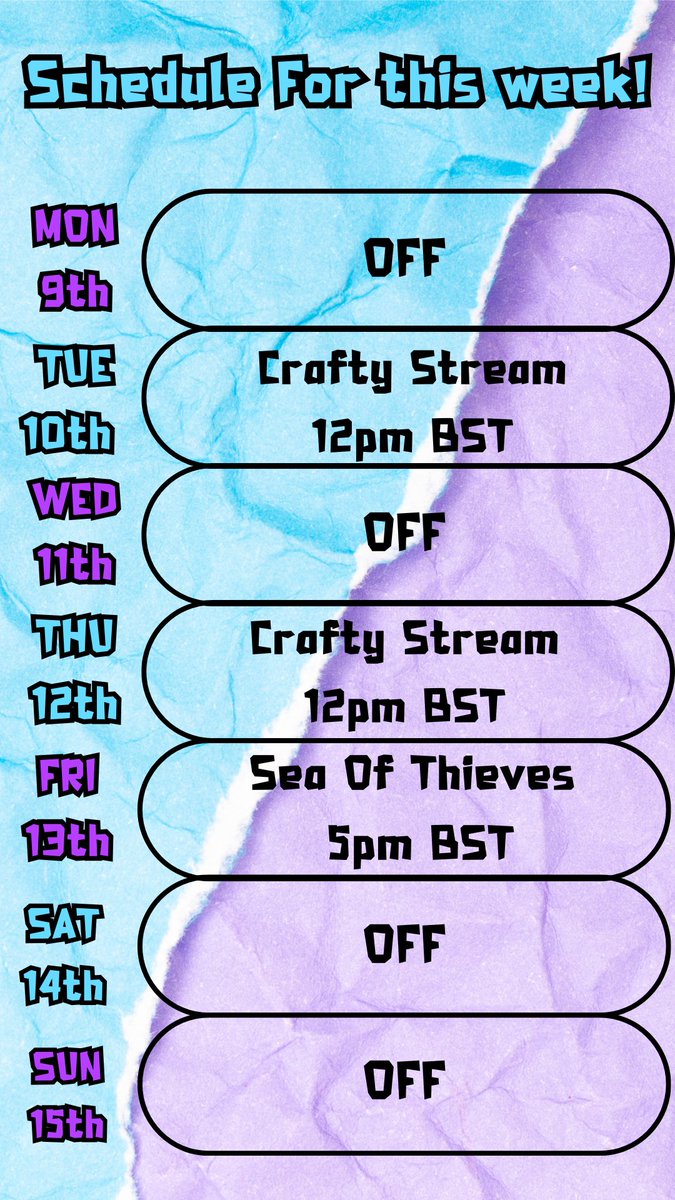 ✨️Schedule for this week!✨️

Going to be painting some swords this week! Let's get them done 💪 
Then on Sea Of Thieves for usual Friday sails! 
#SeaOfThieves #BeMorePirate