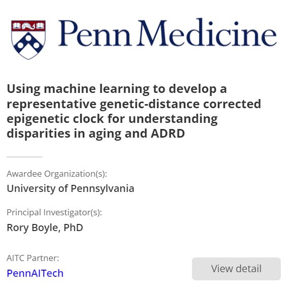 a2 Collective #awardee <a href="/PennMedicine/">Penn Medicine</a> is using AI to build a multi-ancestry epigenetic clock for studying disparities in aging and #ADRD. Led by Rory Boyle with <a href="/pennaitech/">PennAITech</a>. #cohort4 #AI #epigenetics #agingresearch a2collective.ai/awardees/unive…