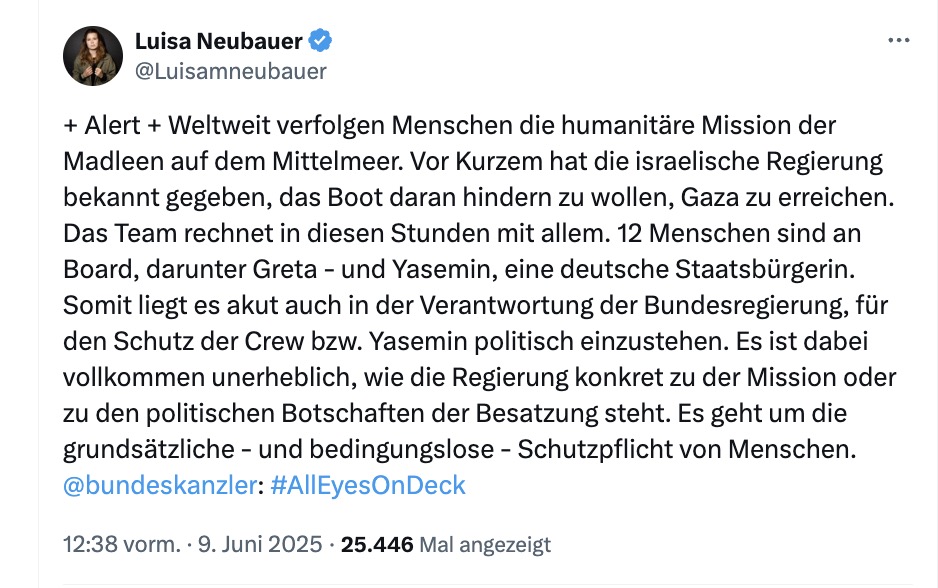 Es gibt tatsächlich deutsche Staatsbürger in Not. Sie befinden sich seit mehr als 600 Tagen in Geiselhaft der Hamas. Dass man sich lieber über eine Person sorgt, die tanzend Raketenangriffe auf den jüdischen Staat feiert und bald per Flugzeug nach Hause geschickt wird, spricht