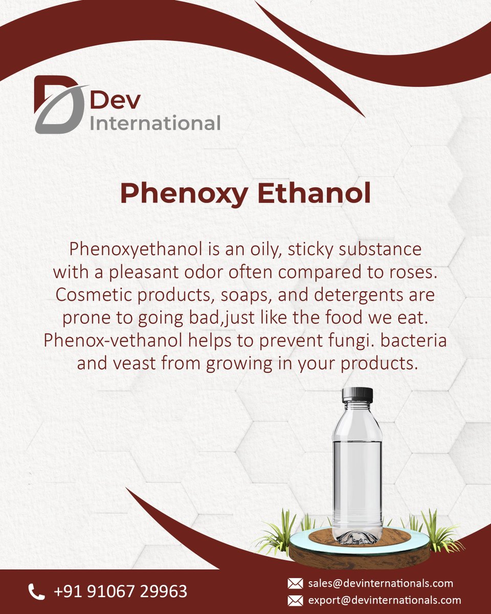 DevInternation4's tweet photo. We supply high-quality Phenoxy Ethanol—a powerful preservative with a mild, pleasant scent.

#devinternational #phenoxyethanol #cosmeticpreservative #industrialchemicals #chemicalsupplier #enamelproduction #exportquality #bulksupplier #naturalproducts https://t.co/2NLMWA0woJ