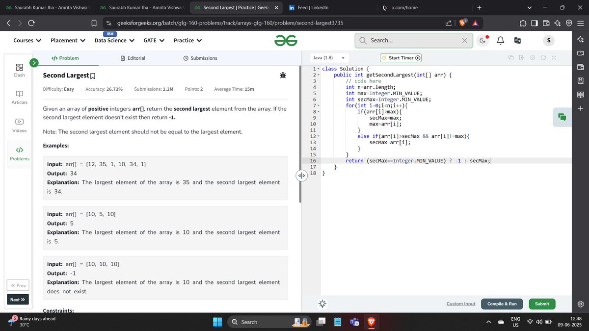 saurabhkjha21's tweet image. #Day01 Of GFG160-DSA Challenge
Problem:-Second Largest
#gfg160 #gfgstreak2025 #geekstreak2025