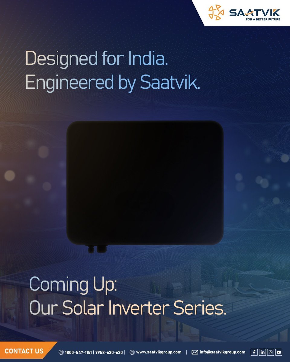 Saatvik is all set to Launch Solar Residential Inverters.
In our continuous journey to empower sustainable living, Saatvik is proud to announce the upcoming launch of its Solar Residential Inverter series — a smart and efficient energy solution.

#newlaunch #newproduct