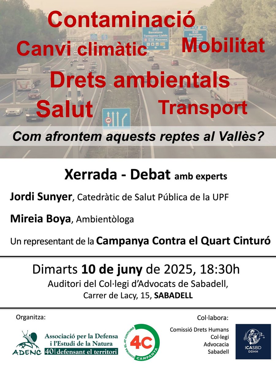 isoler3's tweet photo. No us perdeu l'acte de demà sobre Contaminació, infrestructures i Salut pública, amb el catedratic Jordi Sunyer i l'ambientòloga Mireia Boya
A les 18:30, a l'auditori del Col·legi d'Advocats de Sabadell https://t.co/aIfb7EXQzI