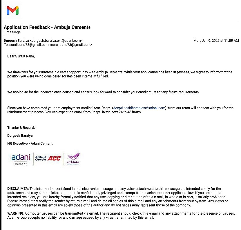 SurajitRana53's tweet photo. it's a biggest scam with us from #AdaniCement and #Baraiya Durgesh and his all team. I never think this type of Mail facing after all process completed also pre -emploment medical. it is a hope that we attached with the company..

#AdaniGroup #Adani #Growth #AmbujaCements #cement https://t.co/EH9rE4eWgB