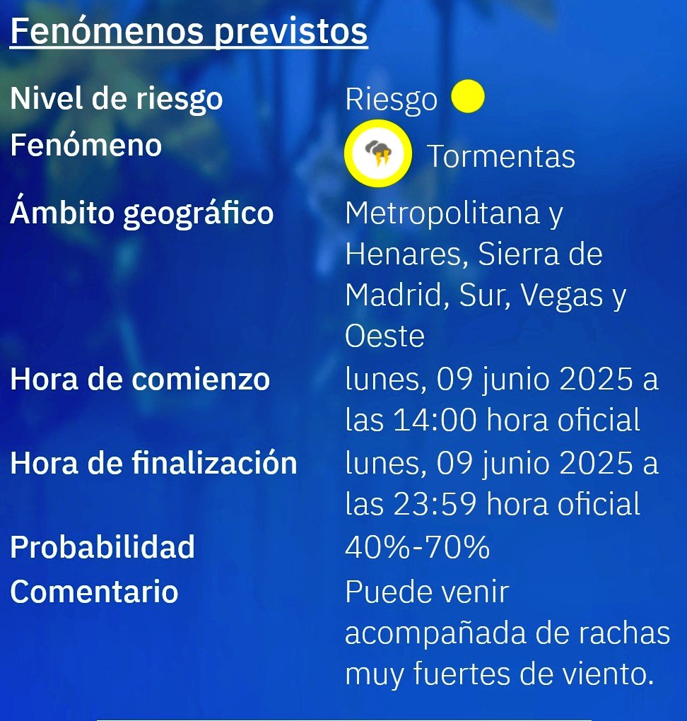ℹ️ Iniciamos la semana con #aviso amarillo 🟡 por tormentas 🌩️, entre 14:00 y 23:59 horas, y por altas temperaturas🌡️entre 13:00 y 20:59. 
✅ Hidratate a menudo, no esperes a tener sed. 
✅ Evita el ejercicio intenso en las horas centrales del día.