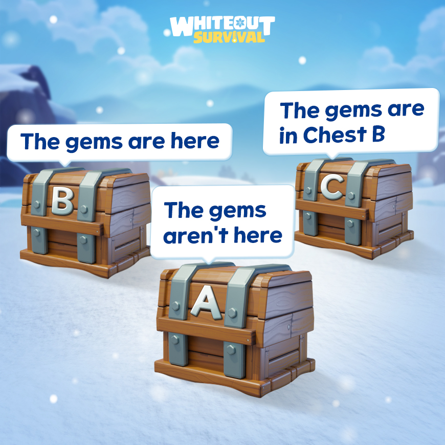 Gems are hidden in one of the chests. But only one chest is telling the truth.🤔 

Do you know where are the gems and which chest is telling the truth❓

=============================
👉Join us on Discord: discord.gg/whiteoutsurviv…
💎Frost Star Shop:  bit.ly/wospay