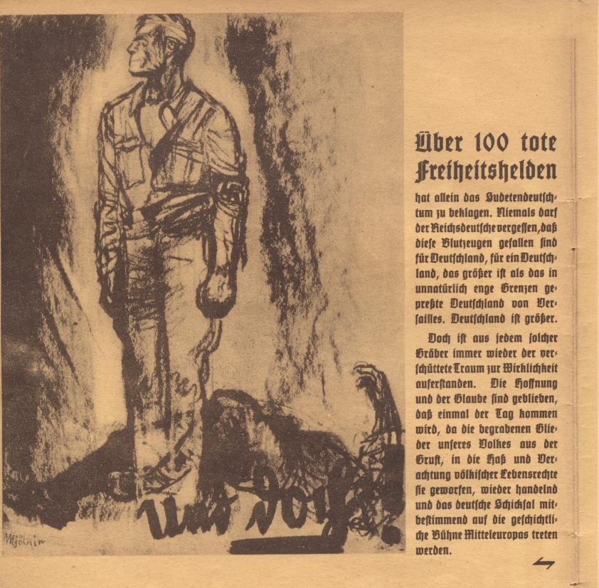 Casual heresy in NSDAP literature. 
____________________

The artwork depicts a deceased National Socialist standing above his dead body. The way in which he is depicted as an exact copy, even still wearing the same clothes in death, is reminiscent of so-called 'occultist'