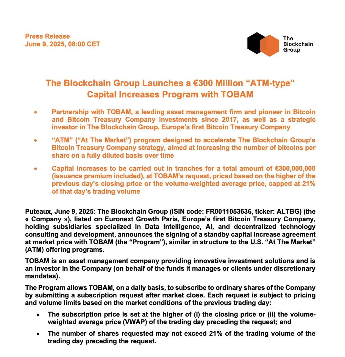 BREAKING🚨 EUROPE’S ‘THE BLOCKCHAIN GROUP’ AIMS TO SECURE €300M VIA AN "ATM-STYLE" CAPITAL INITIATIVE TO BUY MORE BITCOIN