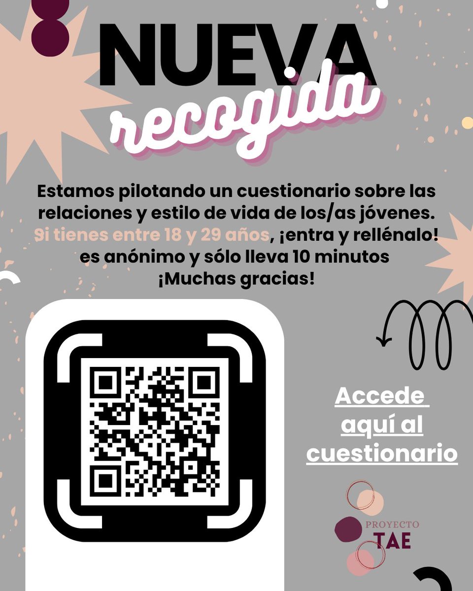 Estamos con el pilotaje previo a la siguiente recogida, sobre estilo de vida y relaciones personales. Si tienes entre 18 y 29 años, ¡entra y rellénalo! Solo te llevará 10 minutos, es anónimo y contribuyes a la ciencia. Os dejamos el enlace. ¡Gracias!
es.surveymonkey.com/r/3K5RZWX