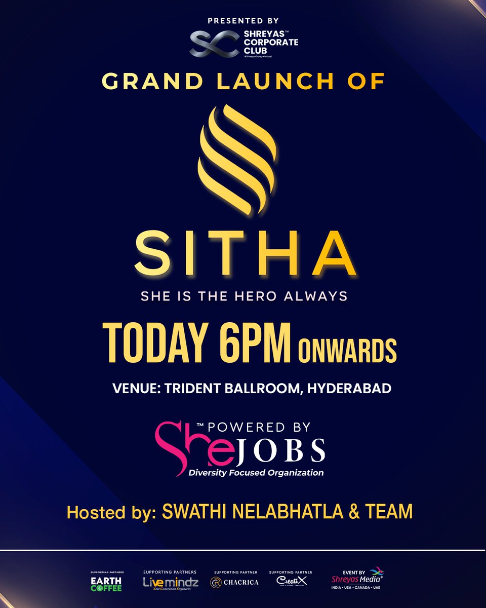 shreyasmedia's tweet photo. Join us for the grand launch of #SITHA - She Is The Hero Always.💫

🗓️Today, 6 PM onwards
📍 Trident Ballroom, Hyderabad

#SithaAppLaunch #SithaLaunch #SheJobs #SheIsTheHeroAlways https://t.co/xLt9y1gWyN