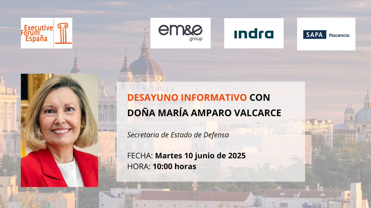 exeforum1's tweet image. 📢 Mañana, martes 10 de junio, organizamos un desayuno informativo con la secretaria de Estado de Defensa, @AmparoValcarce1 

🔗 Síguelo en directo!
👉youtube.com/live/c_75kxDVs…

@emegroup_ 
@IndraCompany 
#Sapa

#Defensa #ExecutiveForum