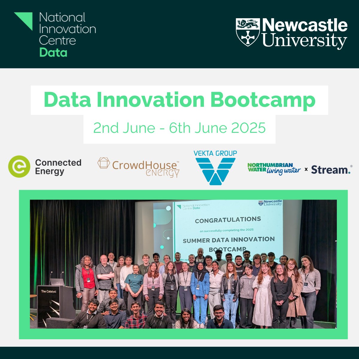National Innovation Centre for Data (@nicdata) on Twitter photo That’s a wrap on our Summer Data Innovation Bootcamp 2025!
Huge thanks to the students & partners <a href="/nwater_care/">Northumbrian Water</a>, Stream, Connected Energy, <a href="/NetZeroTeam1/">CrowdHouse Energy</a>, & Vekta Group for an amazing week!
💡Talented students from <a href="/UniofNewcastle/">Newcastle University</a> delivered some great solutions! That’s a wrap on our Summer Data Innovation Bootcamp 2025!
Huge thanks to the students & partners <a href="/nwater_care/">Northumbrian Water</a>, Stream, Connected Energy, <a href="/NetZeroTeam1/">CrowdHouse Energy</a>, & Vekta Group for an amazing week!
💡Talented students from <a href="/UniofNewcastle/">Newcastle University</a> delivered some great solutions!