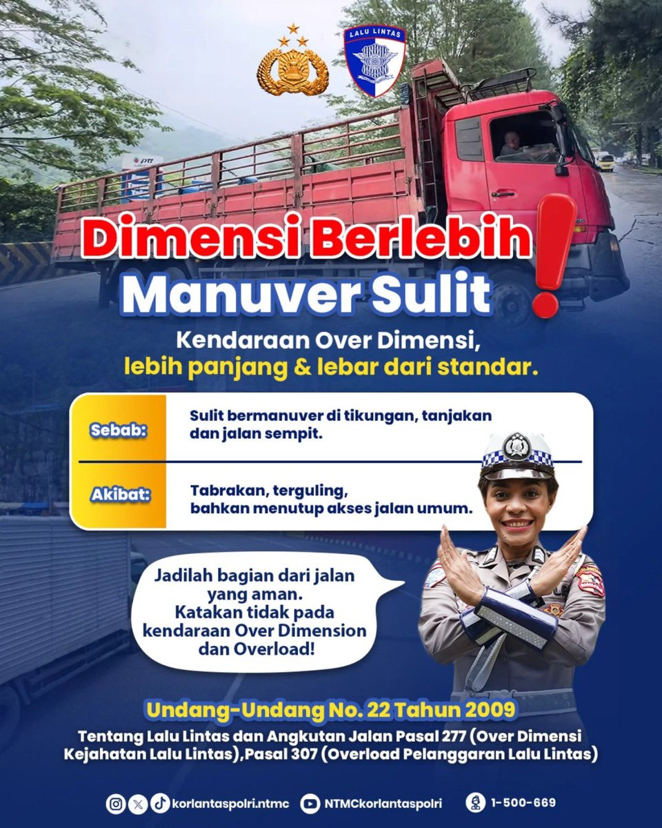 Sahabat lantas, kendaraan over dimensi, dapat menyebabkan kendaraan mudah terguling karena sulit bermanuver!

#NTMCKorlantasPolri
#KorlantasPolri
#PolantasHadirUntukNegeri
#Polantas
#lalulintas