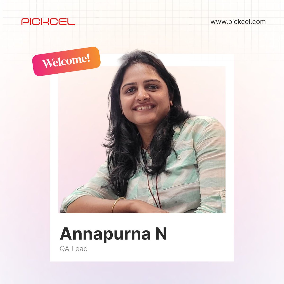 PickcelSignage's tweet photo. We're glad to welcome Annapurna N to Pickcel as our new QA Lead.

She brings solid experience in quality assurance and will be playing a key role in scaling our QA practices as we grow.

Welcome aboard, Annapurna! https://t.co/FqXZLbKjm4