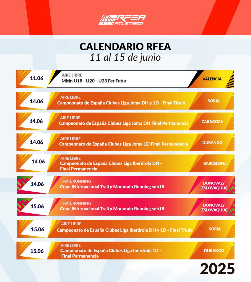 𝗖𝗮𝗹𝗲𝗻𝗱𝗮𝗿𝗶𝗼 𝗡𝗮𝗰𝗶𝗼𝗻𝗮𝗹 𝗥𝗙𝗘𝗔

Finde de protagonismo para el #CEclubes 

¿Qué clubes se llevarán el título? 🏆

En nada tendremos los desenlaces de la #LigaJOMA y #LigaIberdrola ✨

➕INFO 🔗 bit.ly/3QWbnIK