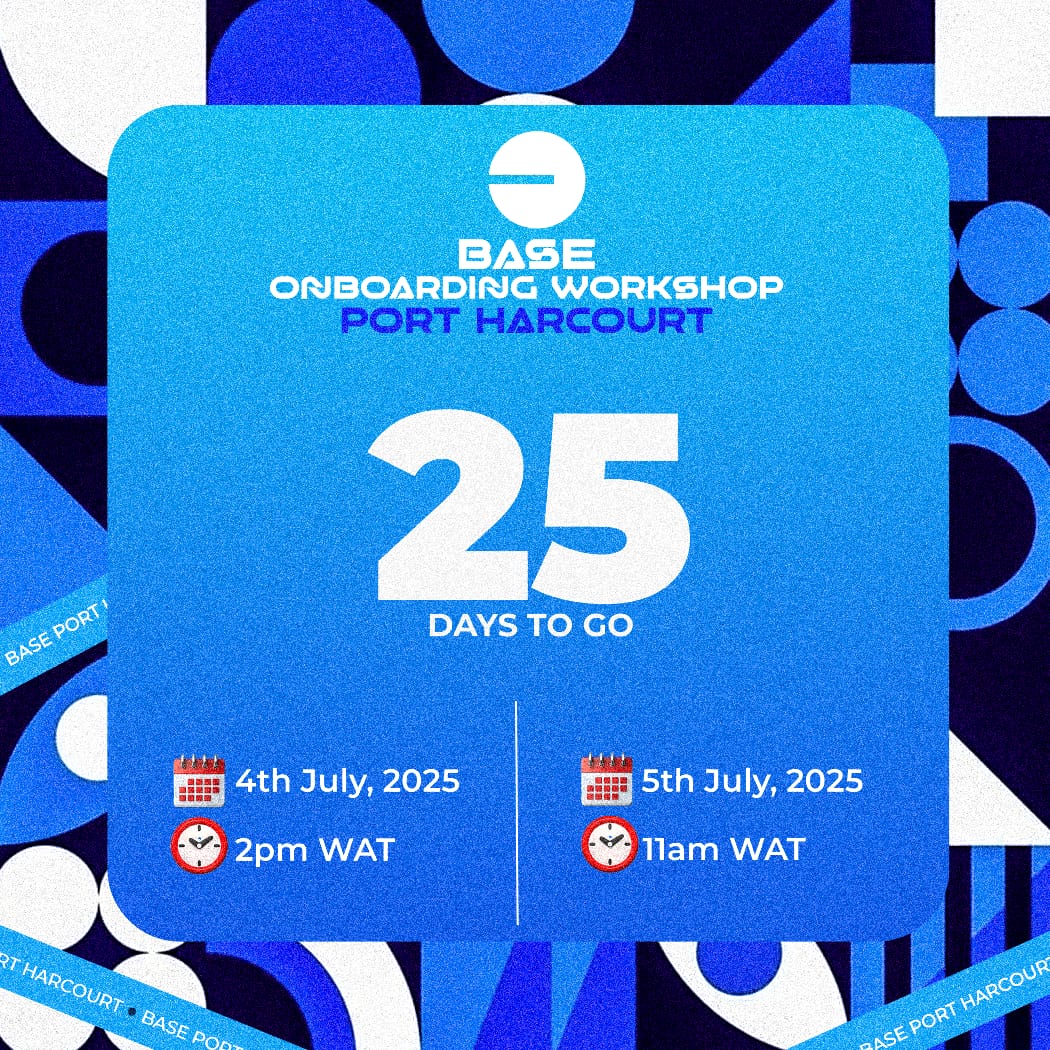 Based Ones (@basedones_) on Twitter photo Happy new week, <a href="/BasedOnes_/">Based Ones</a> 😊
Guess what? It’s 25 days to go!!! 🥳
Just 25 days until the Base Onboarding Workshop goes live in Port Harcourt.
If you haven’t registered yet, this is your sign to lock in your spot 👇
RSVP here:
lu.ma/ak2kk6xh Happy new week, <a href="/BasedOnes_/">Based Ones</a> 😊
Guess what? It’s 25 days to go!!! 🥳
Just 25 days until the Base Onboarding Workshop goes live in Port Harcourt.
If you haven’t registered yet, this is your sign to lock in your spot 👇
RSVP here:
lu.ma/ak2kk6xh