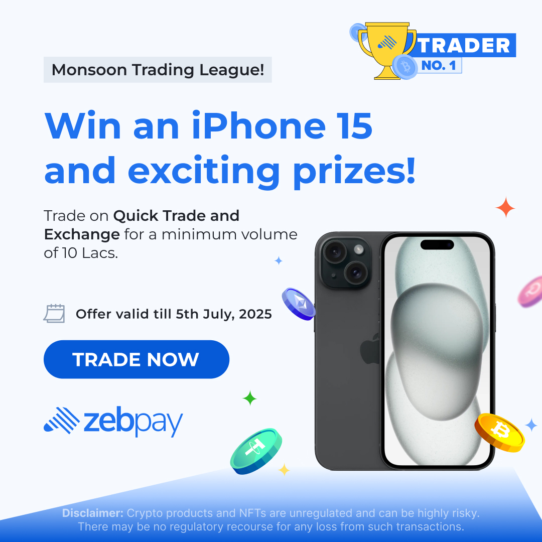 Monsoon Trading League is here! 🌧️

Win an iPhone 15 and other cool prizes in ZebPay’s Monsoon Trading League!

Trade on Quick Trade or Exchange with a ₹10L+ volume to qualify.

📅 Last date: 5th July, 2025

🎯 Don’t miss this- zebpay.com/in/quicktrade-…

#ZebPay #Bitcoin
