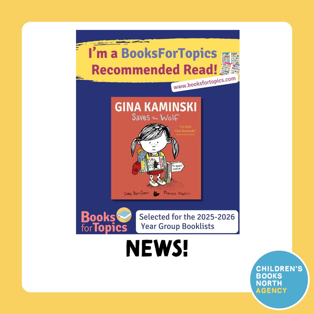 CBNAgency's tweet image. Some great news to start the week! @korkymaster Gina Kaminski Saves the Wolf has been selected for the BooksForTopics 2025-2026 Year Group Recommended Read booklists in the Year 1 category! Brilliantly written by Craig Barr-Green and published by @LittleTigerUK