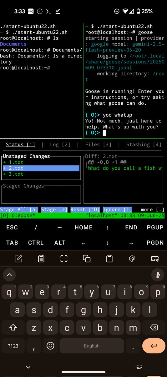 harveyfullstack's tweet image. What&apos;s stopping you from programming like this?
Termux + Andronix (Ubuntu) + tmux + gitui + Goose (with MCPs)