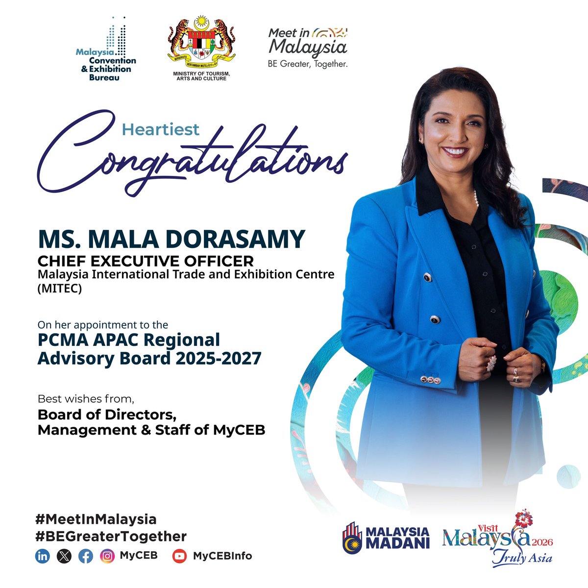 MyCEB's tweet photo. 🎉 Congratulations to Miss Mala Dorasamy on her appointment to the PCMA APAC Regional Advisory Board (2025–2027)!

We at MyCEB are proud to see her representing MITEC, owned by MATRADE and managed by Qube Integrated Malaysia Sdn. Bhd.

#MyCEB #MyMOTAC #MeetInMalaysia https://t.co/ODfqgDVADU