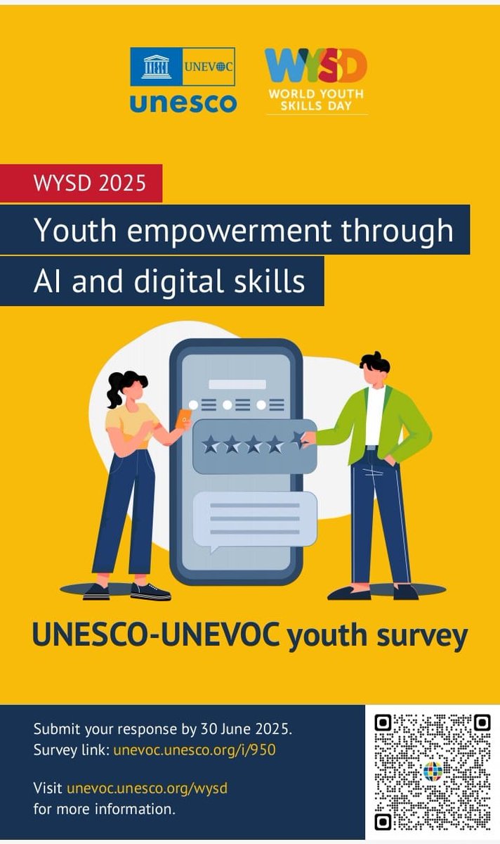 Are you aged 15–35? #UNESCO wants to hear from YOU!

📢 Share your views on #AI &amp; #DigitalSkills in our global youth survey.

🗓️ Your voice will shape the conversation this #WorldYouthSkillsDay on 15 July 2025!

📝 Deadline: 30 June
👉 forms.office.com/Pages/Response…