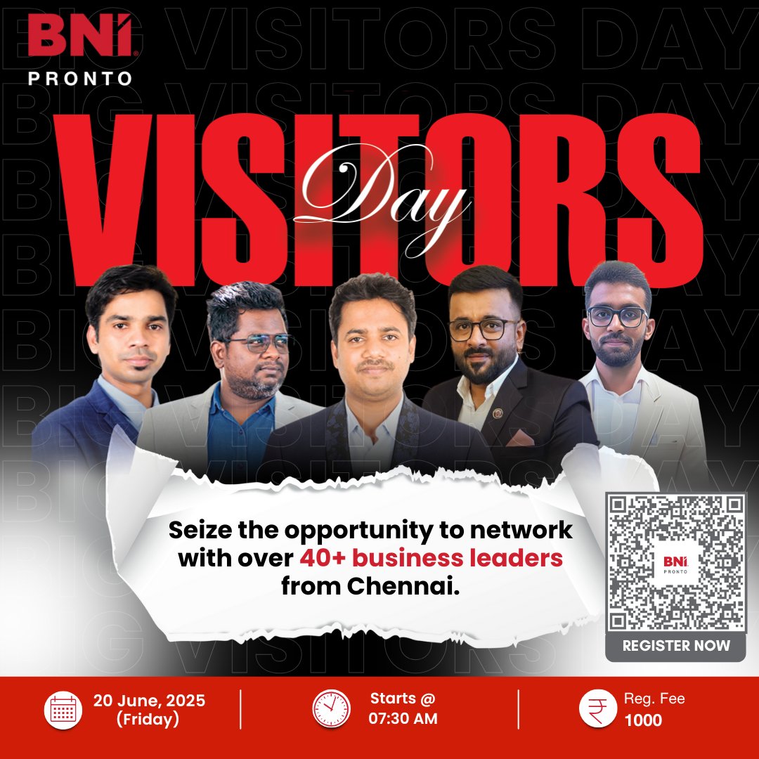 BniPronto's tweet photo. Meet 40+ business leaders from Chennai! 💼

Join #BNIPronto Visitors Day on June 20 at 7:30 AM.
Network. Collaborate. Grow. 🚀

🎟️ Reg Fee: ₹1000
📲 Scan or Click 👉 https://t.co/9aOvBaWznN

#BVD #BNIPronto #BNIIndia #Networking #ChennaiEvents #Entrepreneurs #BusinessGrowth https://t.co/HEodNQj8C9