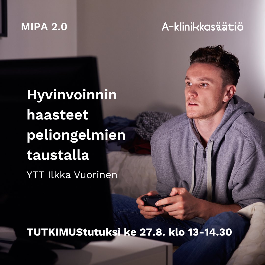 Syksyn ensimmäisessä TUTKIMUStutuksi-tapaamisessa 27.8. (klo 13) Ilkka Vuorinen kertoo väitöskirjastaan, jossa hän tarkasteli raha- ja digipeliongelmia hyvinvointitekijöiden kuten yksinäisyyden ja stressin kautta. 

Ilmoittaudu viimeistään 26.8.: link.webropolsurveys.com/S/16469C5A13FC…